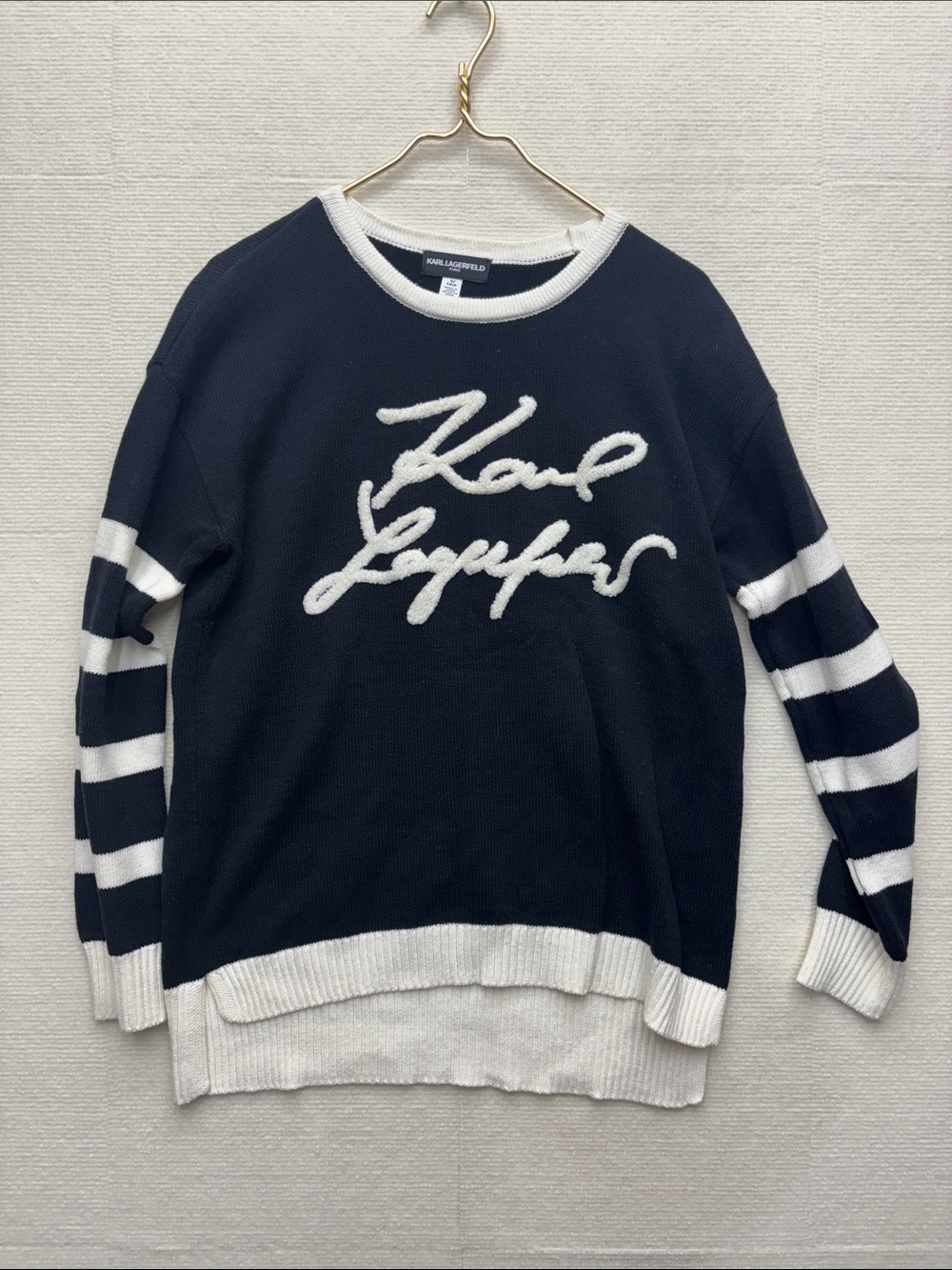 Karl Lagerfeld Black and White Script Crewneck Sweater small